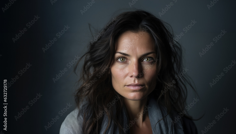 portrait d'une jeune femme 25-30 ans de type européen brune cheveux long de face yeux clairs, sur fond sombre et uni portrait d'une jeune femme 25-30 ans de type européen brune cheveux long de face yeux clairs, sur fond sombre et uni