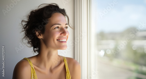 portrait d'une jeune femme 25-30 ans de type européen brune souriante de trois-quart devant une fenêtre ensoleillée