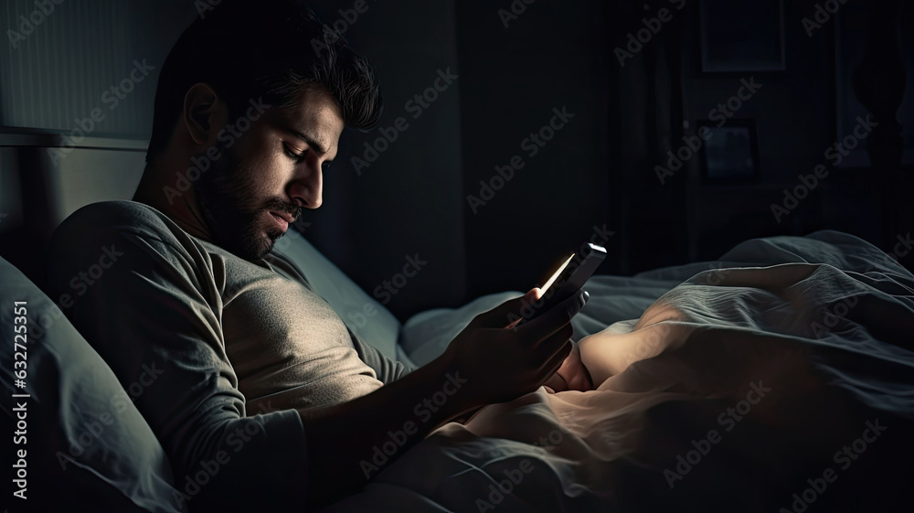 Depressed sleepy middle east young man. People using a smartphone on social media internet and sleeping on bed in bedroom at home.