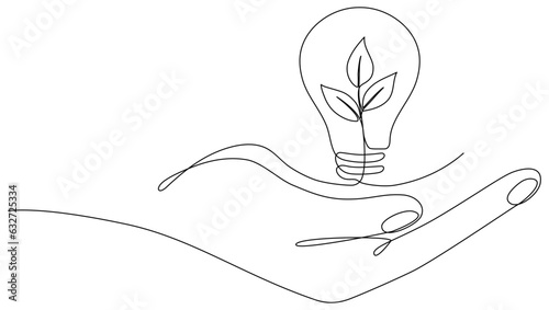 Lightbulb with leaf in hand continuous line drawing. Arm holding sprout with leaves inside lamp. Linear eco symbol. Vector illustration isolated on white.