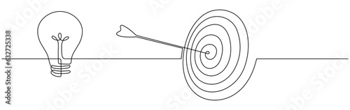 Lightbulb with target and arrow continuous one line drawing. Vector illustration isolated on white.