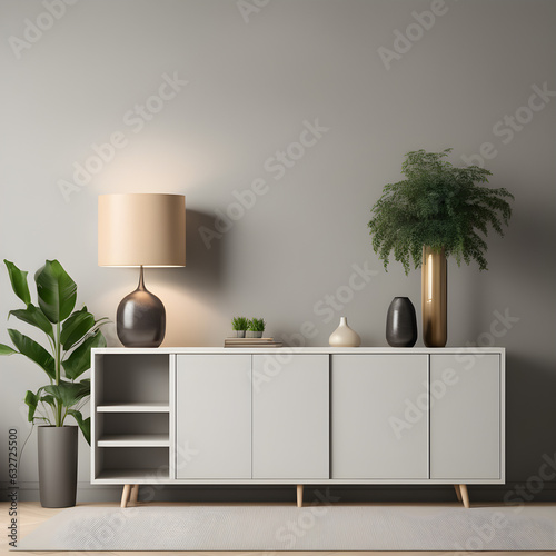 Interior mock up living room. cabinet for TV or place object in modern living room with lamp,table,flower and plant © Iceman_31