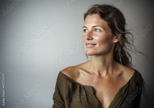 portrait d'une jeune femme 25-30 ans de type européen brune, de trois-quart avec une robe en lin vert kaki