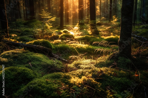 Sunlight filtering through the trees, illuminating the forest floor. Forest, bokeh  © Nati