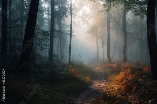 A foggy morning in the forest, with mist hanging low over the trees. Forest, bokeh 