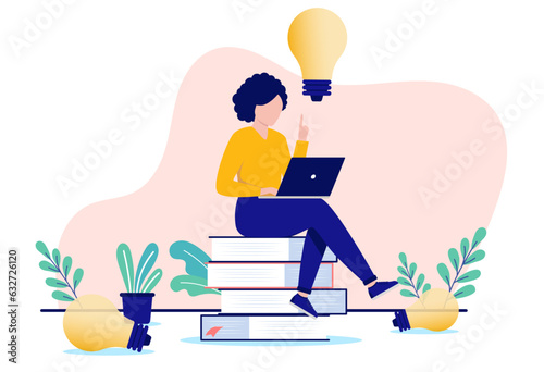 Woman with idea light bulb - Vector illustration of female character sitting on books working on computer and coming up with ideas. Flat design on white background