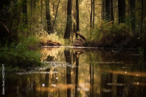 A serene pond nestled in the heart of the forest, reflecting the trees around it. Forest, bokeh 