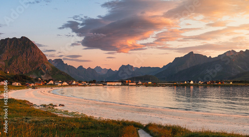 Sunset over a beach in Lofoten, in the summer photo