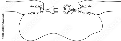 continuous single line drawing of hands holding extension cord, electric plug and socket line art vector illustration