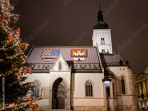 St. Mark's church in Zagreb, Croatia with Christmas tree at night