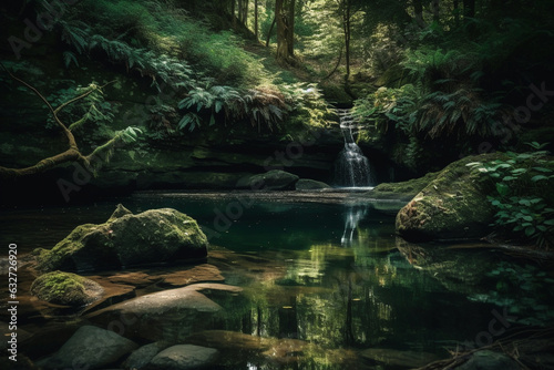 A tranquil forest glen  with a small waterfall cascading into a pool. Forest  bokeh 