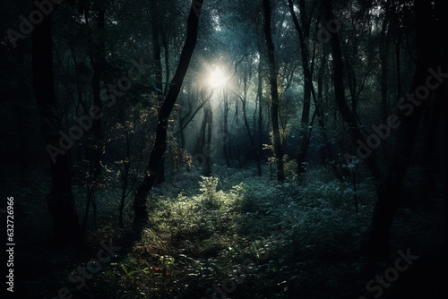 A dense forest at night, with moonlight filtering through the trees. Forest, bokeh  © Nati