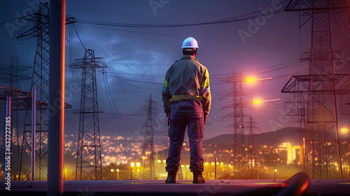 photograph of Electric engineer checking the high voltage pole.
