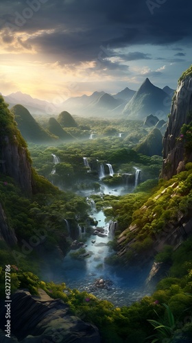 beautiful mountain waterfall painting scenery generative AI.