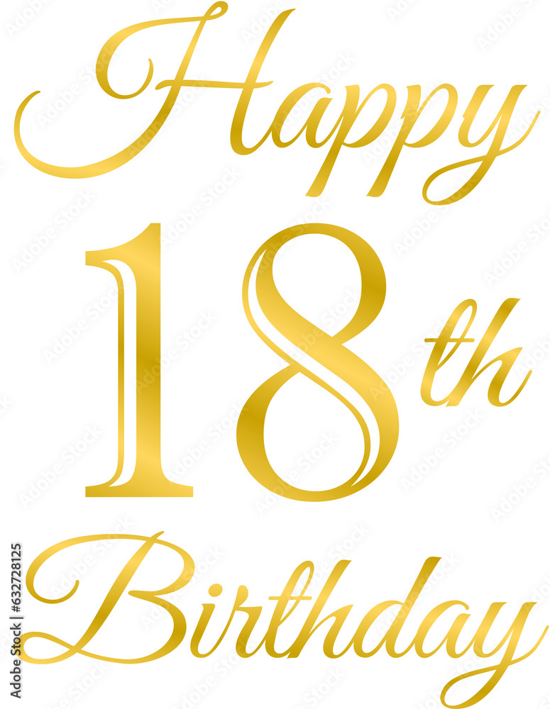 Happy birthday greeting card 18, birthday card, design, no background, gold