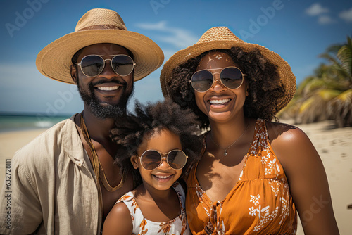 photograph of Happy African family having fun on the beach during summer vacation - Parents love and unity concept