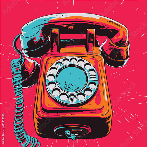 Giant phone make in colorful style of pop art. Vector, illustration. Telephone, retro, old, communication, vintage, call, antique, dial, black, business, classic, rotary, technology, connection, conta photo