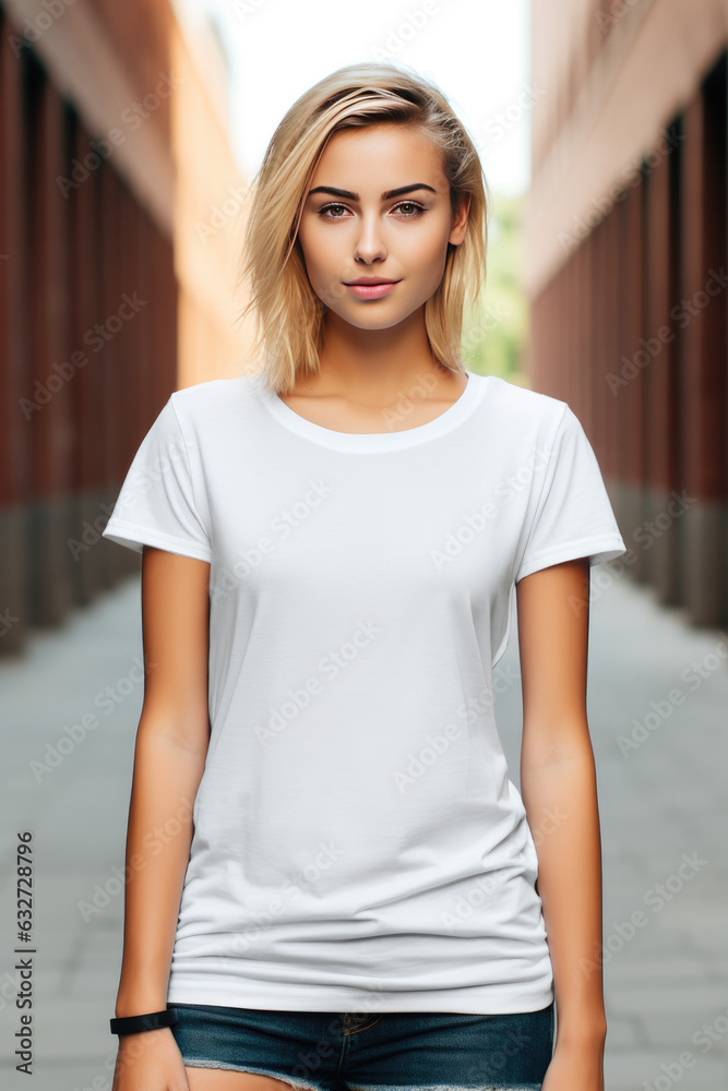Young woman wearing blank white t-shirt, Design t-shirt template, Model t-shirt mockup, Print presentation