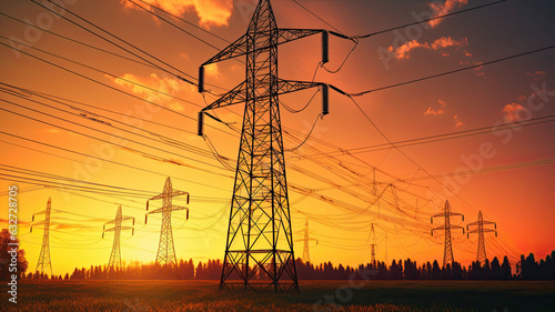 photograph of High voltage electric transmission tower at sunset.
