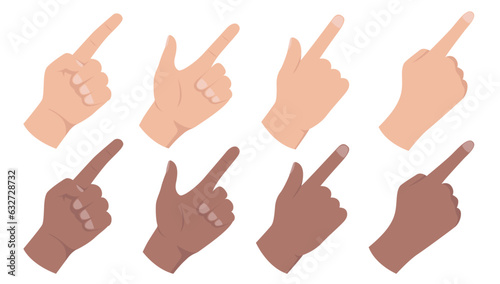 Hands pointing vector collection - Set of various diverse human hands pointing direction with finger. Flat design on white background