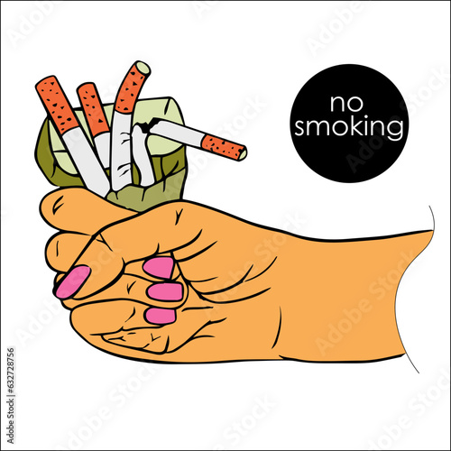 An open, crumpled pack of cigarettes in his hand, one cigarette crushed or crumbled. quit smoking with fist with crushed pack of cigarettes. quitting smoking.