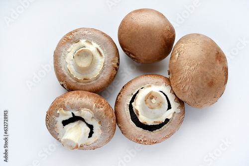 Mushrooms on a white background. Edible mushrooms from the store. Beautiful mushrooms.