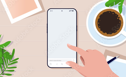 Phone laying on table mockup - Vector illustration of hand using smartphone touch screen on desk at home. Flat design