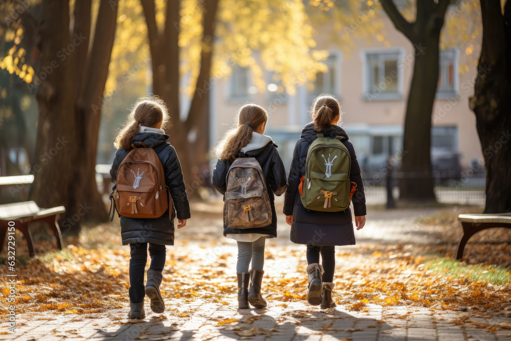 photograph of school friends a boy and two girls with school backpacks on their backs walk after class. photograph of school friends a boy and two girls with school backpacks on their backs walk after class.