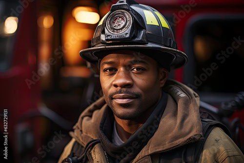 photograph of Portrait of african american brave fireman standing near fire truck. © JKLoma