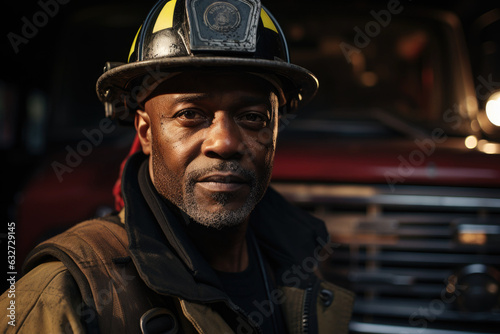 photograph of Portrait of african american brave fireman standing near fire truck. © JKLoma