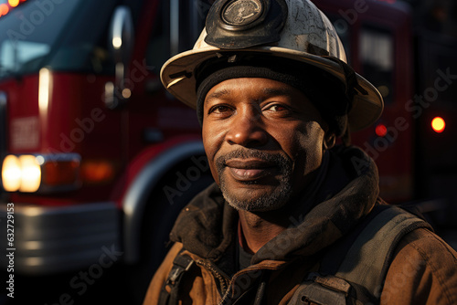 photograph of Portrait of african american brave fireman standing near fire truck.