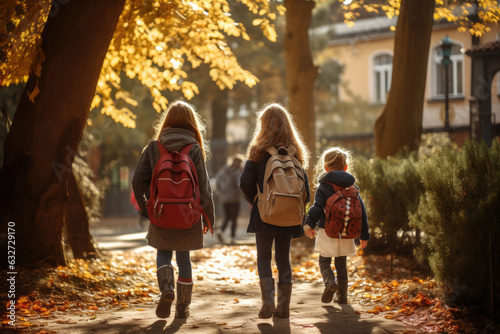 photograph of school friends a boy and two girls with school backpacks on their backs walk after class.