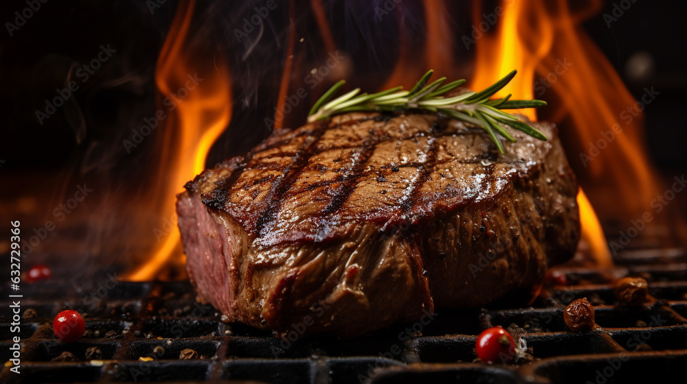 Grilled beef fillet steak with herbs and spices on dark background Grilled beef fillet steak with herbs and spices on dark background