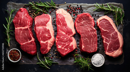 Variety of raw meat, black angus prime beef steaks machete, blade on bone, striploin, ribeye, tenderloin filet mignon on black background, top view copy space
