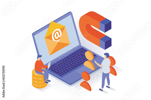 Business and marketing concept in 3d isometric design. People working and developing company, making email promotion, attracting new customers. Vector illustration with isometry scene for web graphic