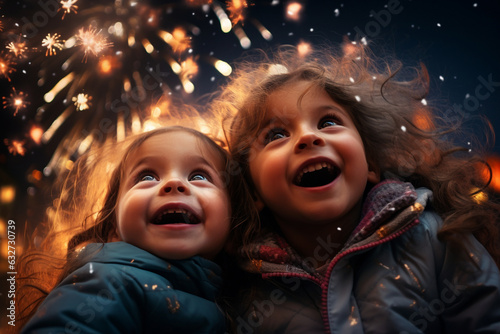 delightful photo of wonder and amazement on children's faces as they gaze at fireworks in the sky Generative AI