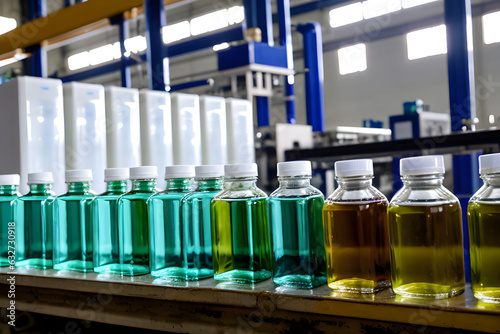 Medical vials on production line at pharmaceutical factory, Pharmaceutical machine working pharmaceutical glass bottles