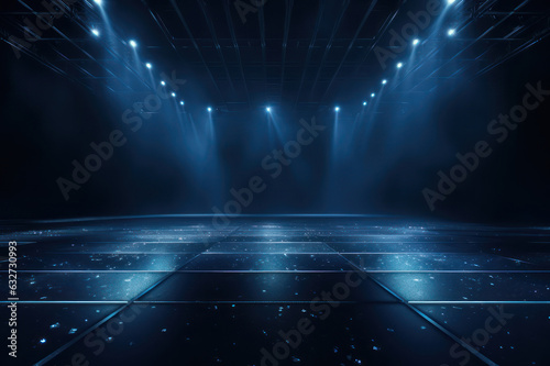 Background for advertising, concert stage and blue rays. AI generative.
