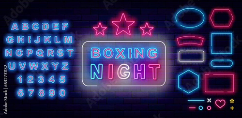 Boxing night neon label. Power sport. Fight club logotype. Glowing sign on brick wall. Vector stock illustration