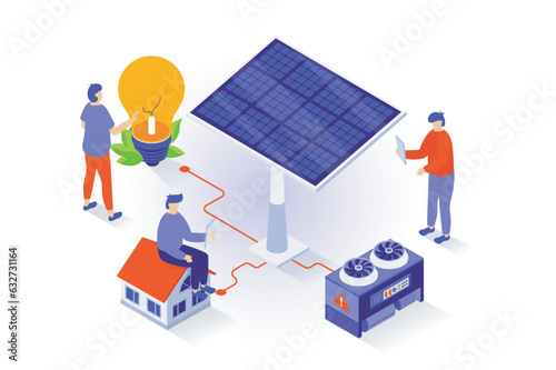 Eco lifestyle concept in 3d isometric design. People use solar panels to generate green electricity for smart homes and electric light bulbs. Vector illustration with isometry scene for web graphic