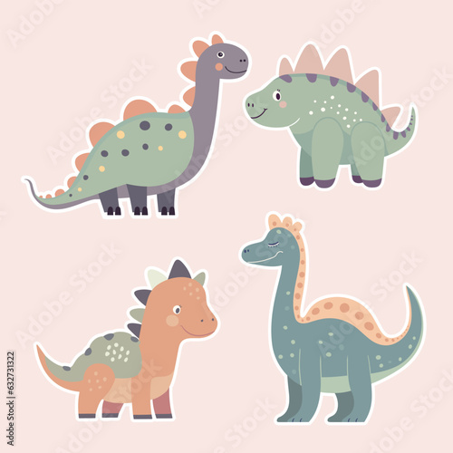 Set of illustrations of cute cartoon dinosaurs. Characters for kids room and postcard vector.