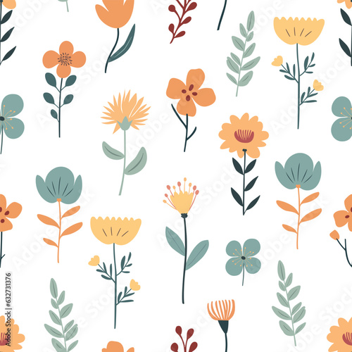 Seamless vector pattern with multicolored flowers in flat style on a light background. 