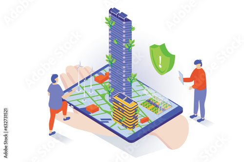 Eco lifestyle concept in 3d isometric design. People using green energy technology and waste management in smart city with eco infrastructure. Vector illustration with isometry scene for web graphic