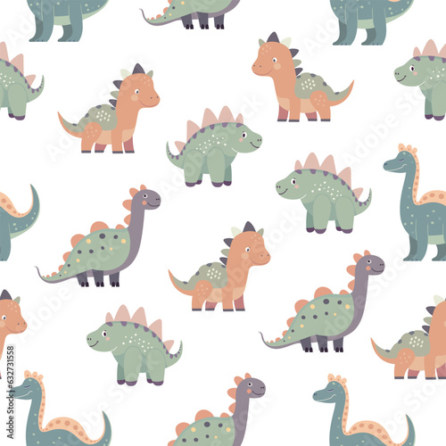 Seamless pattern with illustrations of cute cartoon dinosaurs on a white background.