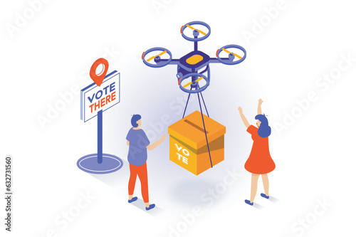 Election and voting concept in 3d isometric design. People work the location of polling station and flying drone carries ballot box for voters. Vector illustration with isometry scene for web graphic