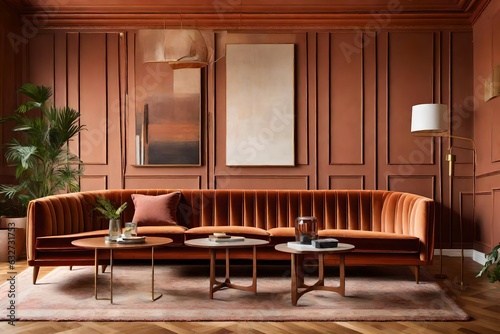 Terra cotta velvet sofa near wainscoting paneling wall. Mid century interior design of modern living room