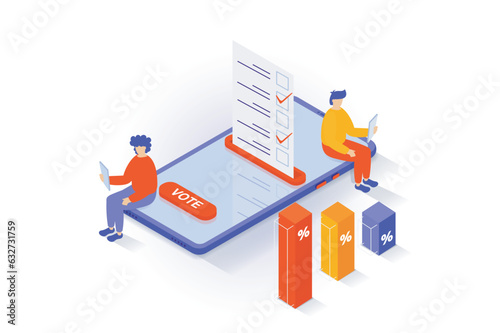 Election and voting concept in 3d isometric design. People vote in elections, calculating votes and make charts with exit polls and results. Vector illustration with isometry scene for web graphic