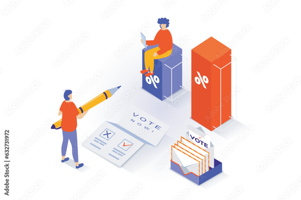 Election and voting concept in 3d isometric design. People vote in democratic elections, choose their political candidate, show exit polls. Vector illustration with isometry scene for web graphic