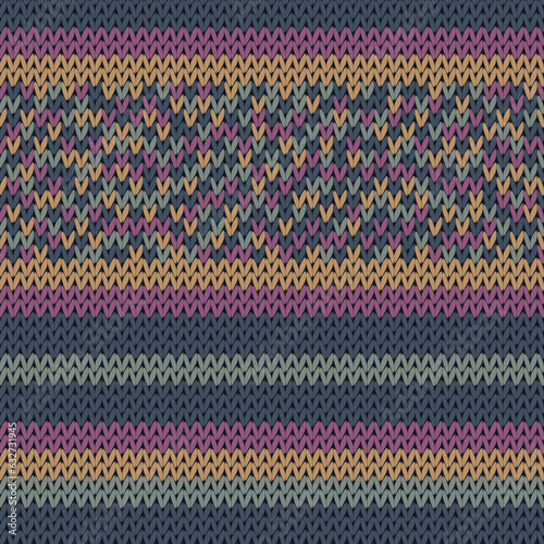 Craft knitted fabric striped ornament. Winter sweater striped jersey textile.