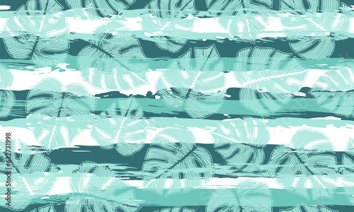 Monstera exotic foliage botanical repeat ornament over stripes background.
